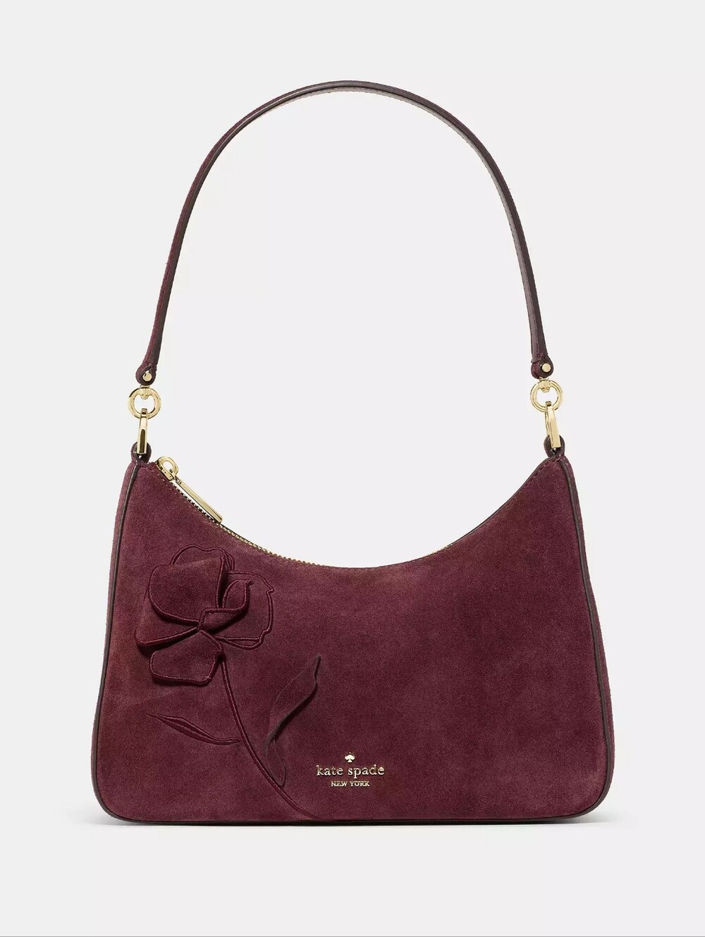 Kate Spade Burgundy Suede Shoulder Bag with Floral Applique Gold Hardware NWT